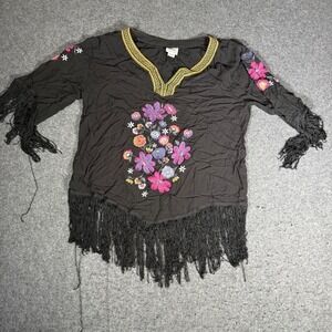 Ariat Womens XL Black Floral Embroidered Boho Fringe V-Neck Western Blouse Top